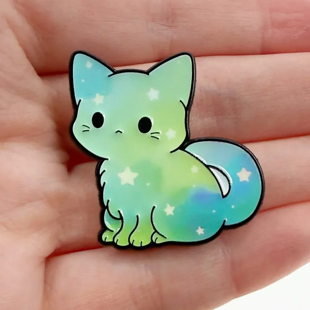 Blue & Green Kawaii Rainbow Galaxy Cat Enamel Pin